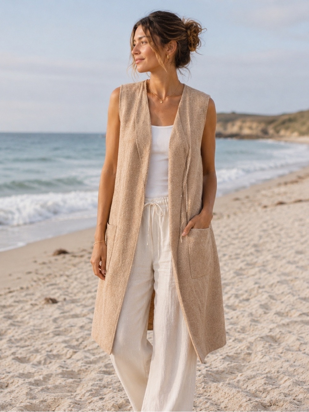 Barefoot Dreams sz S Sleeveless Tan Open Front Vest cardigan duster cozy chic